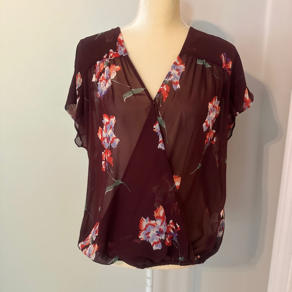 Lucky Brand Maroon Flutter Sleeve Wrap Blouse